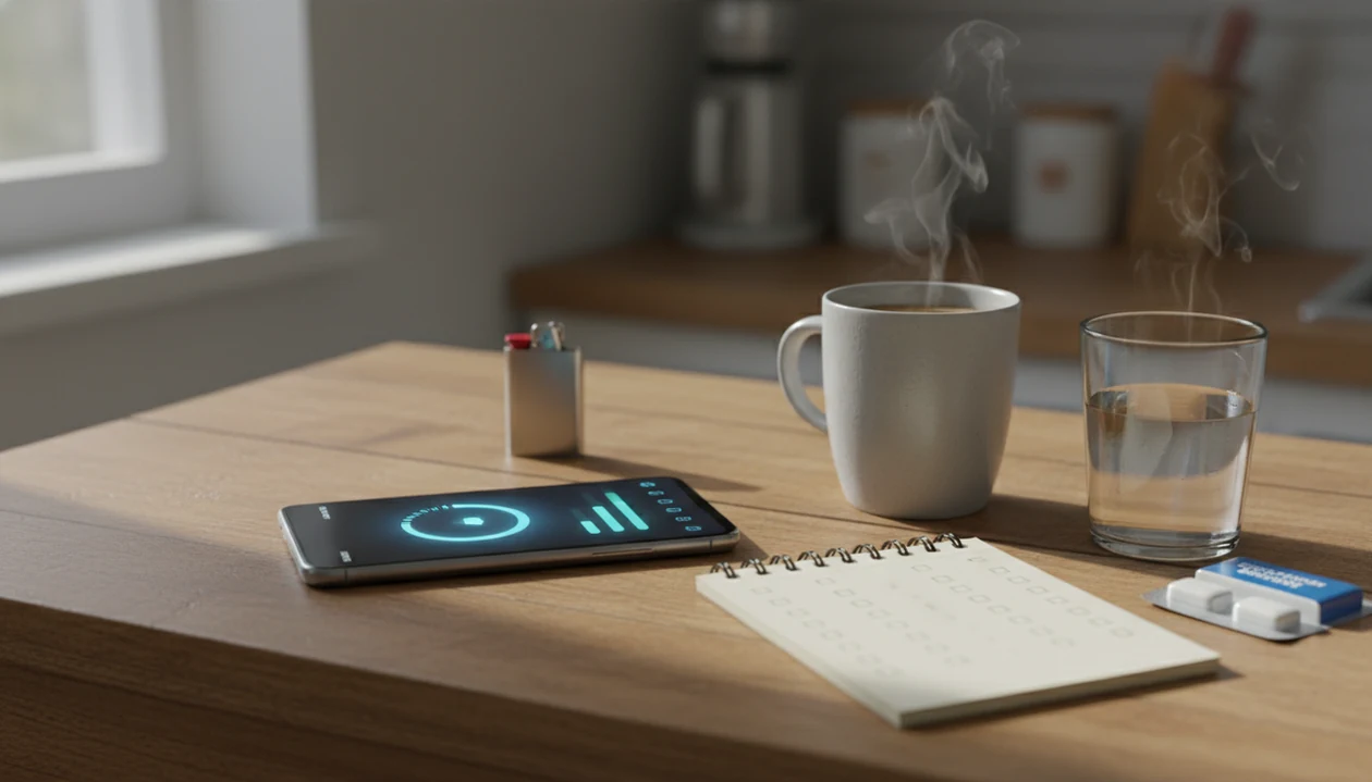 A phone with abstract quit-tracking shapes sits beside coffee, water, gum, and a notebook on a kitchen counter.