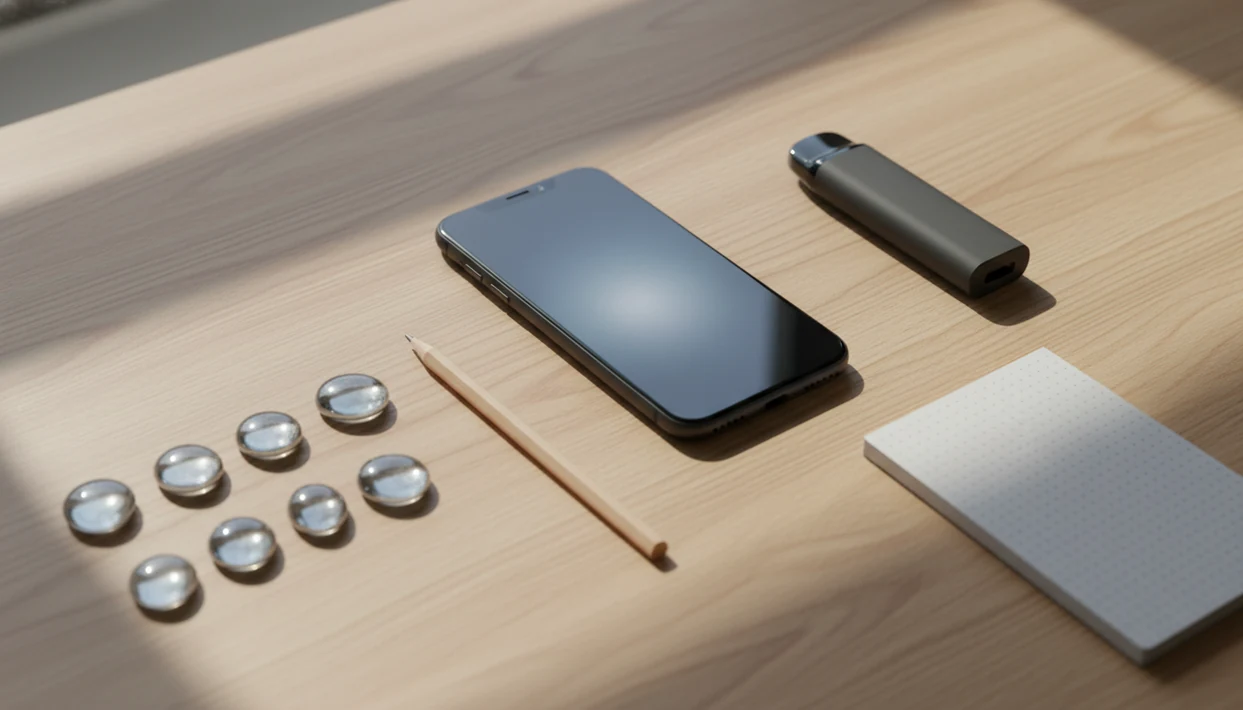 A phone, vape device, and simple tracking objects arranged on a calm desk.