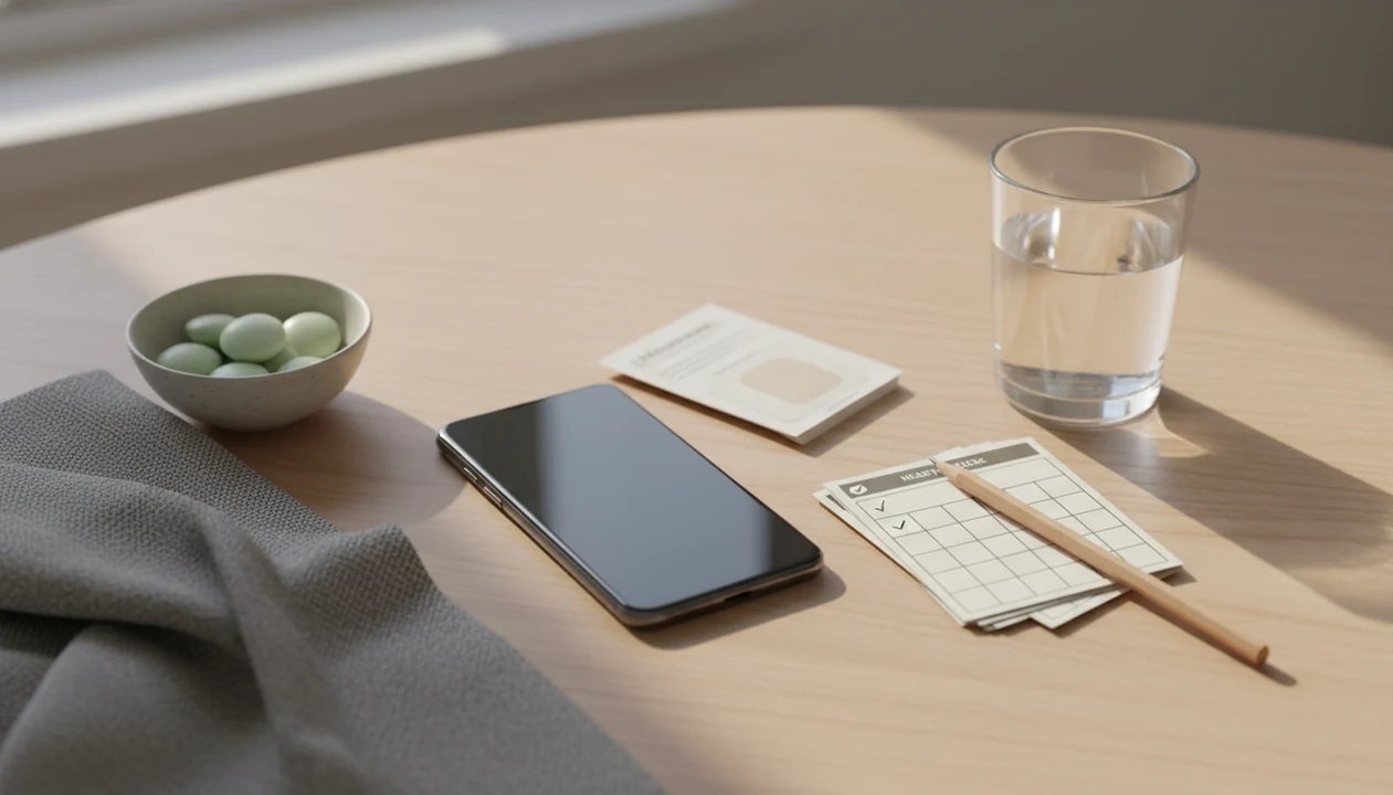 A phone, habit cards, pencil, water, and nicotine support items arranged on a calm wooden table.