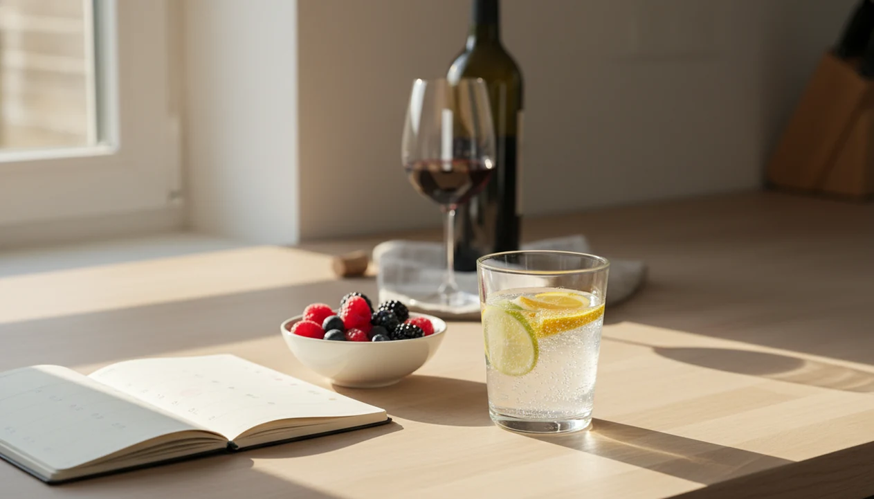 A morning kitchen counter shows sparkling water, fruit, and a wine glass set back in softer focus.