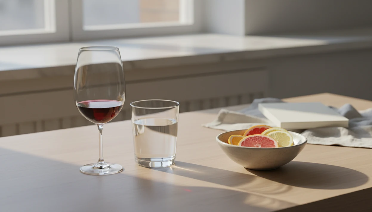 An unfinished glass of wine sits beside water and citrus on a bright morning kitchen counter.