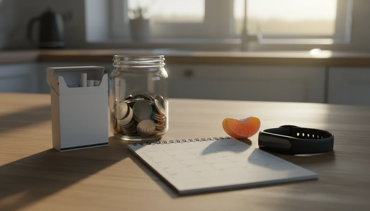 A plain cigarette pack sits beside coins, a blank calendar, and fruit in warm morning light.