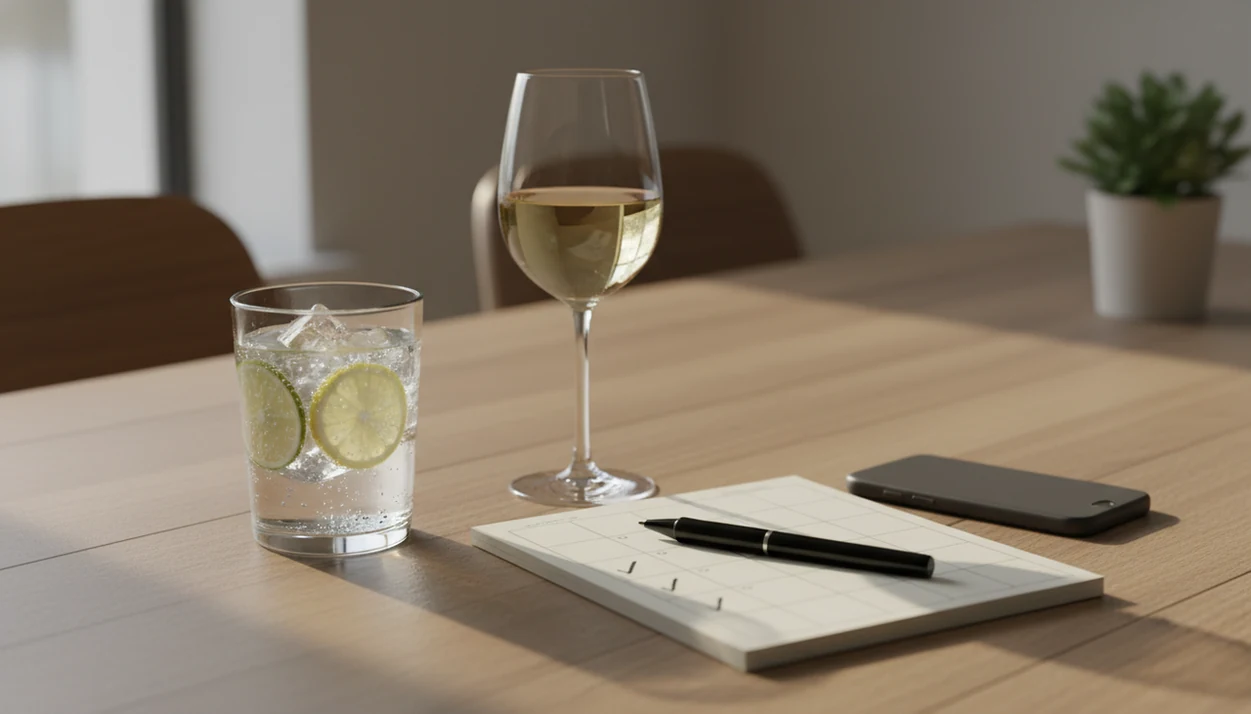 A sparkling water, wine glass, blank planner, and phone suggest private mindful drinking choices.