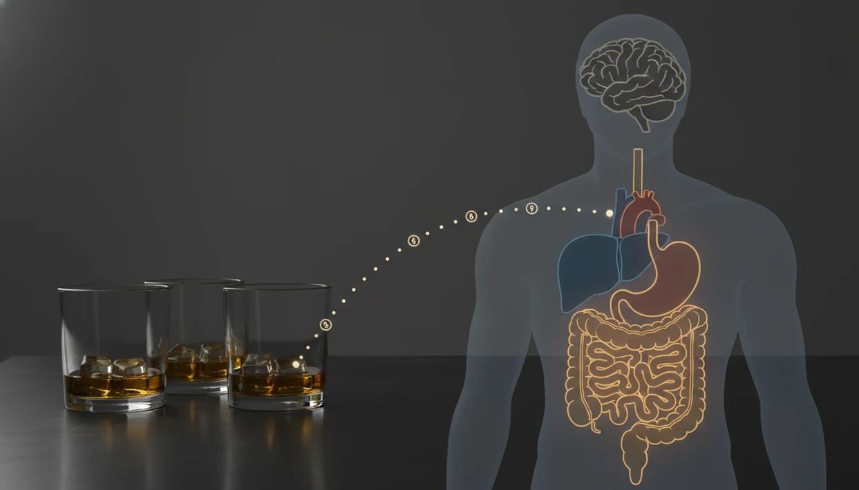 Glasses of alcohol beside a translucent body illustration showing the brain, liver, gut, and heart.