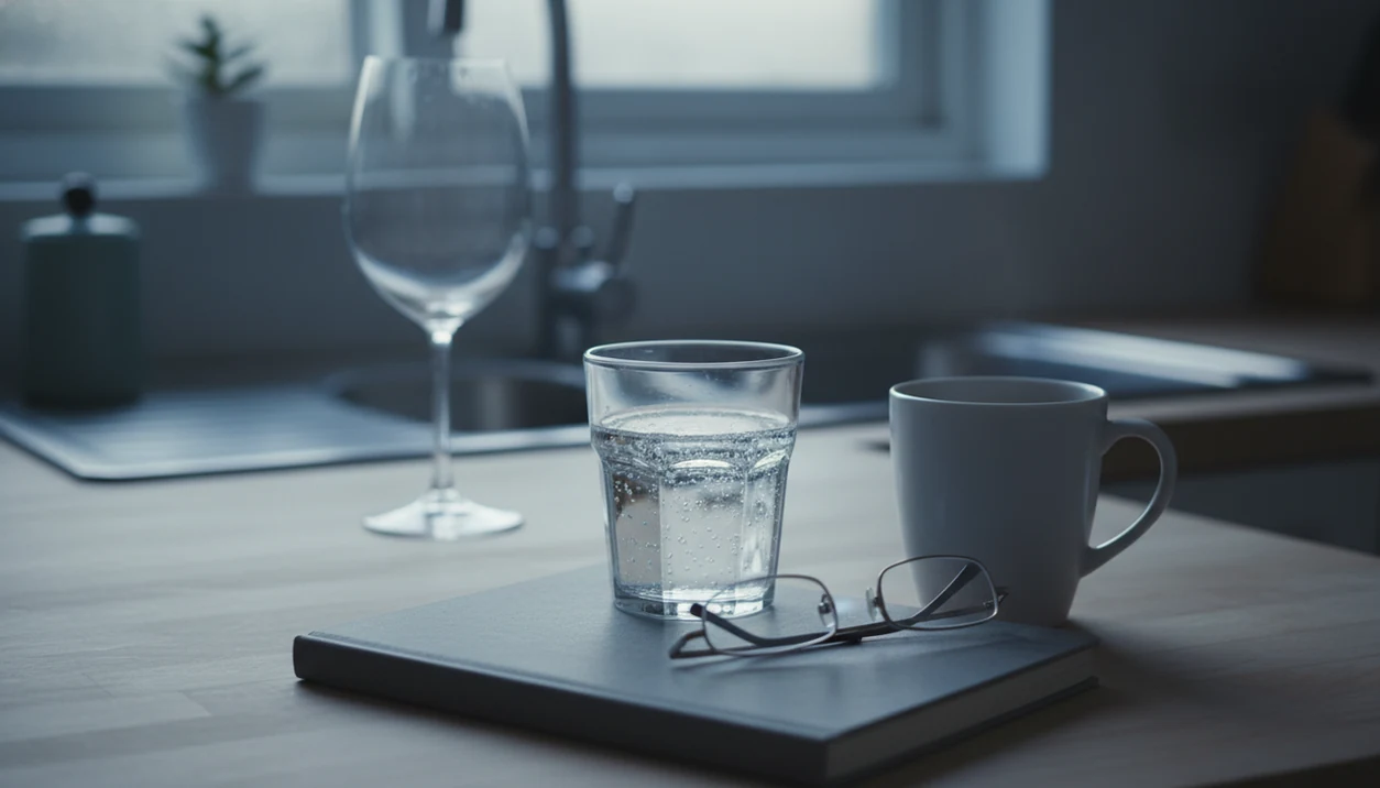 A quiet morning kitchen still life suggests lingering brain fog after drinking alcohol.