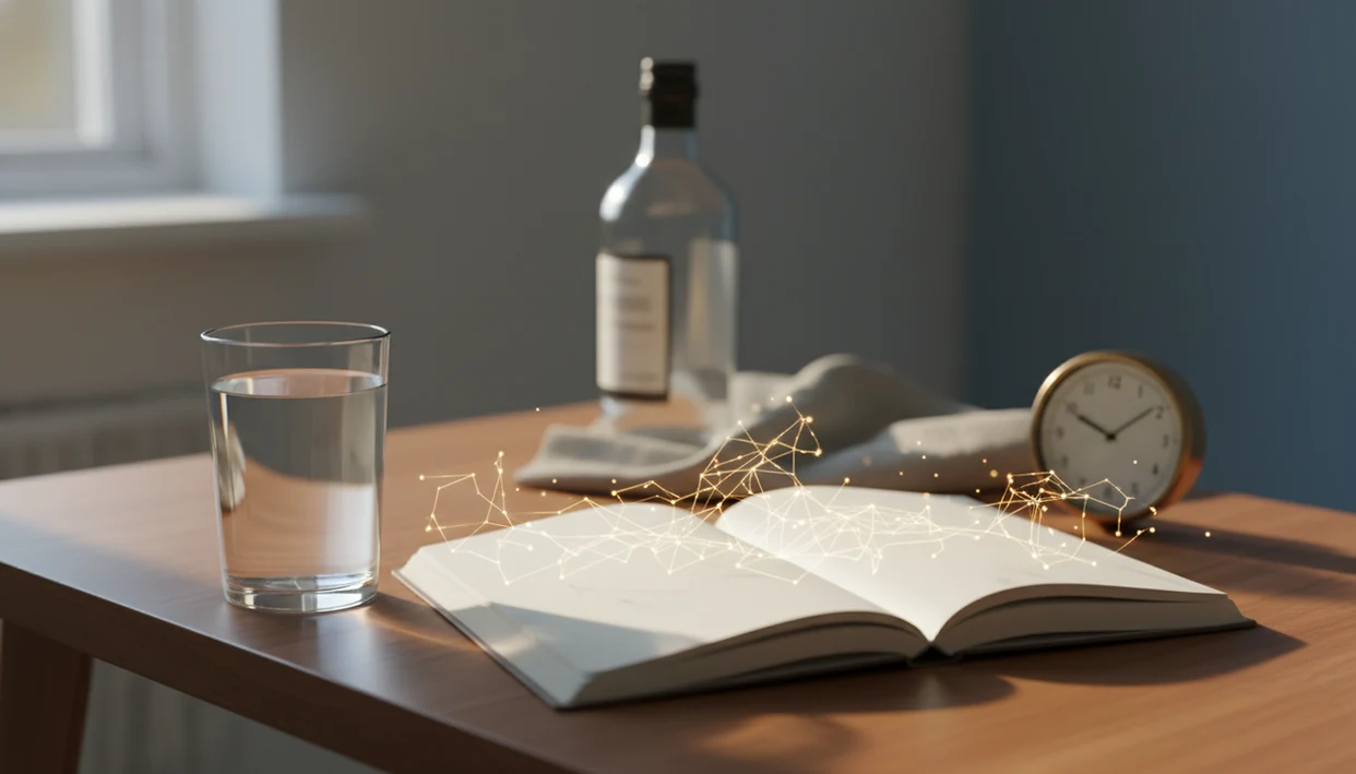 A calm bedside still life suggests new routines and neural pathways after quitting alcohol.