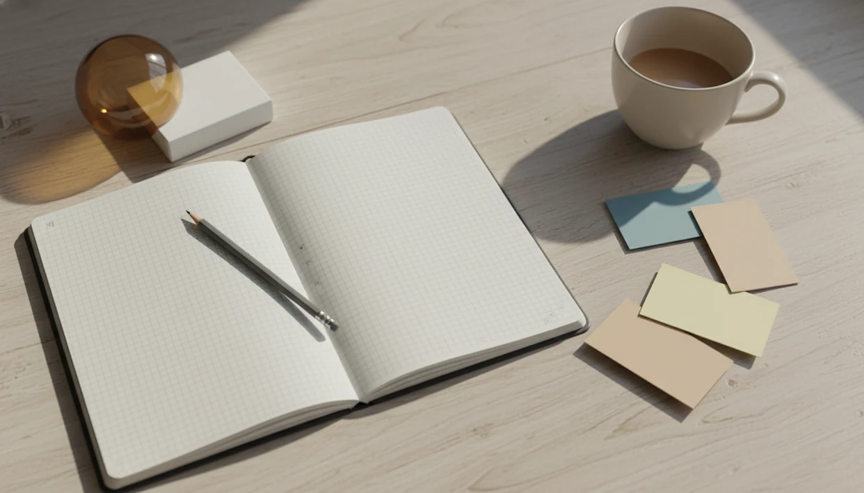 A calm desk scene shows a blank craving log, coping cards, coffee, and cigarettes set aside.