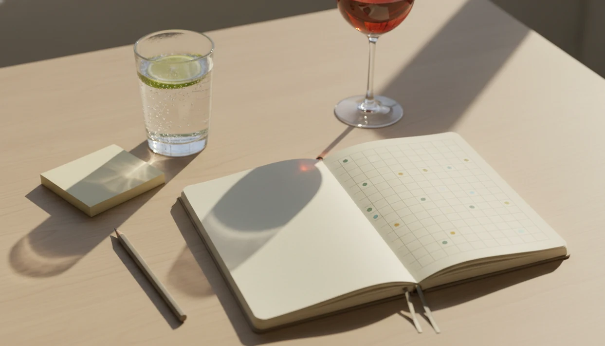 A notebook, pencil, sparkling water, and wine glass suggest a structured plan to drink less.