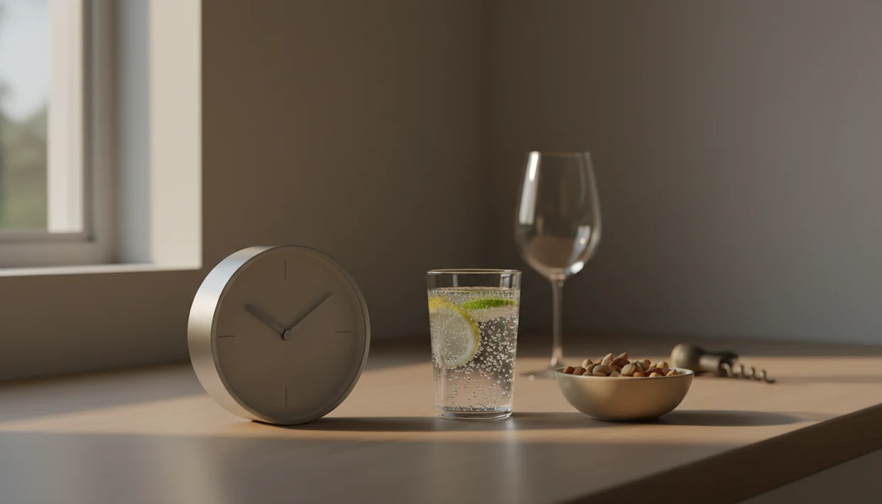 A 5 o’clock kitchen still life shows an empty wine glass blurred behind sparkling water and snacks.