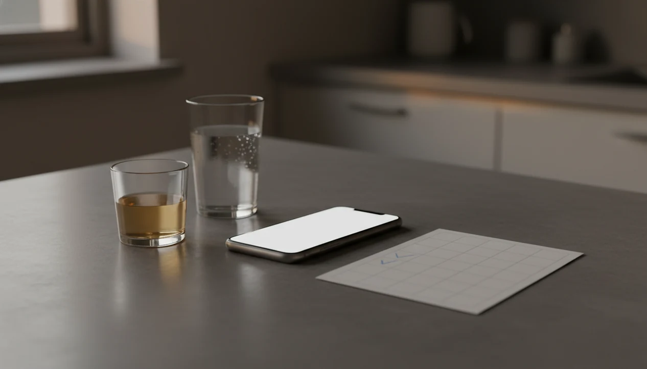 A blank smartphone sits beside a measured drink, water glass, and calendar on a quiet kitchen counter.