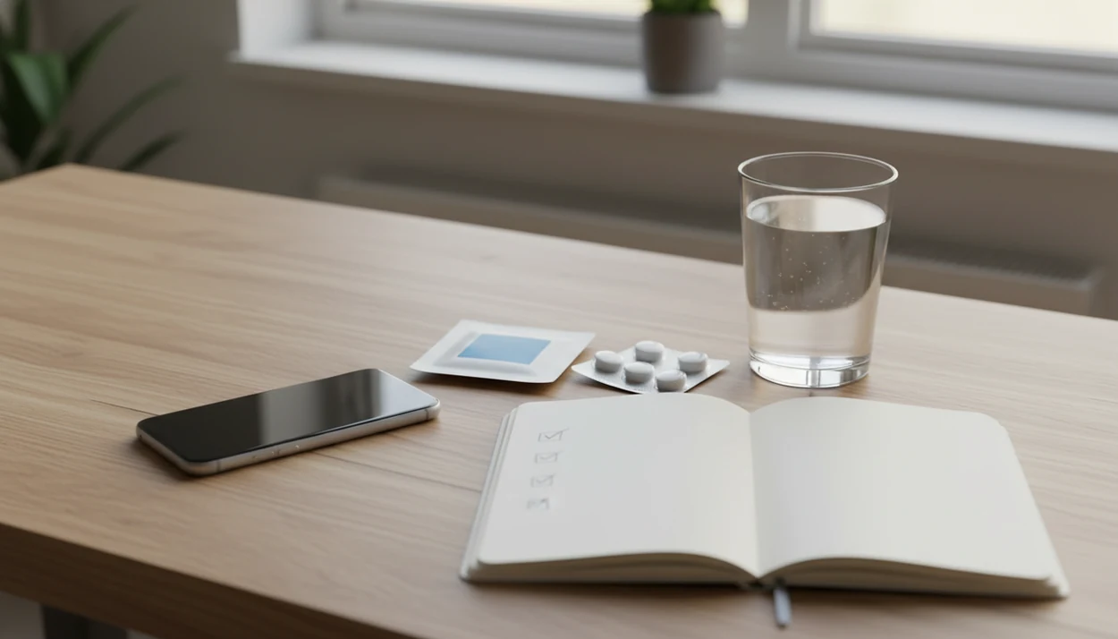 A phone, nicotine replacement aids, notebook, and water sit on a calm morning table.