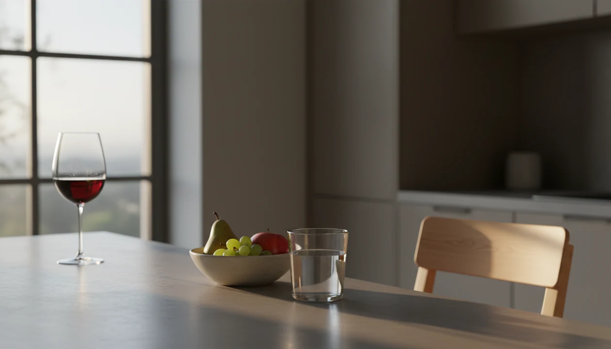 An untouched wine glass sits blurred behind water and fruit in a calm morning kitchen.