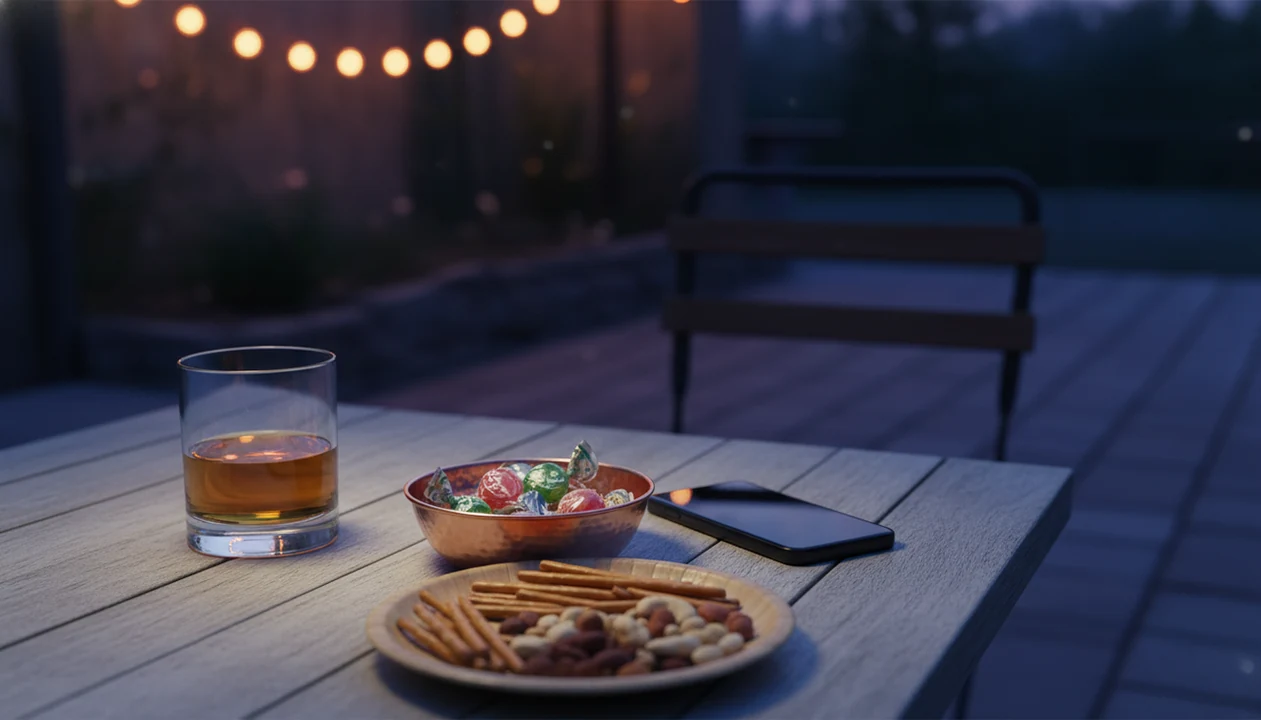A patio table shows alcohol set aside beside candy, snacks, and a phone in lonely evening light.