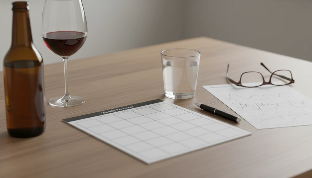 A planner, water, and medical papers sit on a table while alcohol is pushed aside.