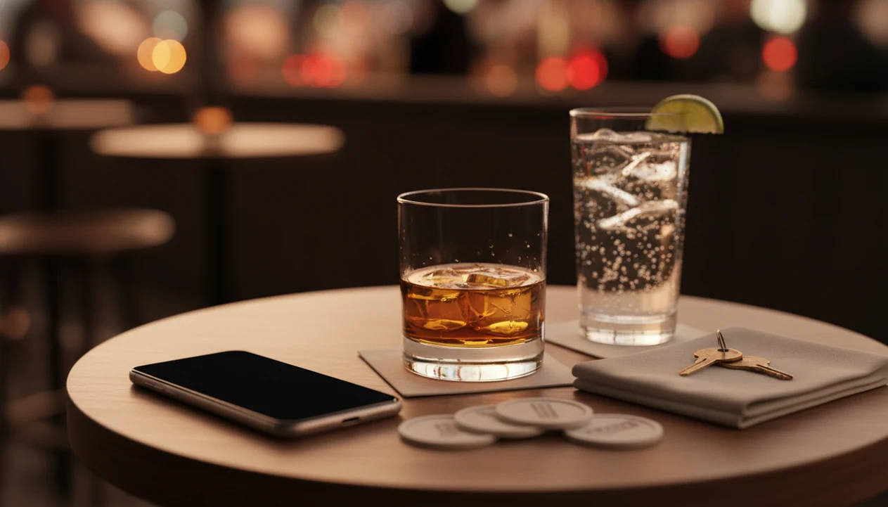 A bar table shows a phone, drink tokens, water, and one cocktail arranged as a planned night-out limit.