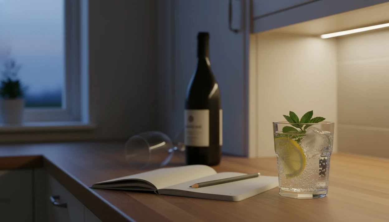 A kitchen counter shows wine set aside while sparkling water and a blank notebook sit ready for the evening.