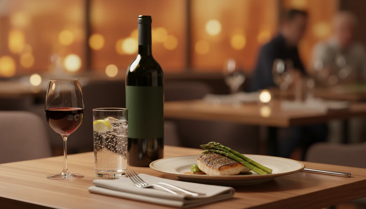 A restaurant table shows one glass of wine beside sparkling water and dinner, suggesting a planned drink limit.