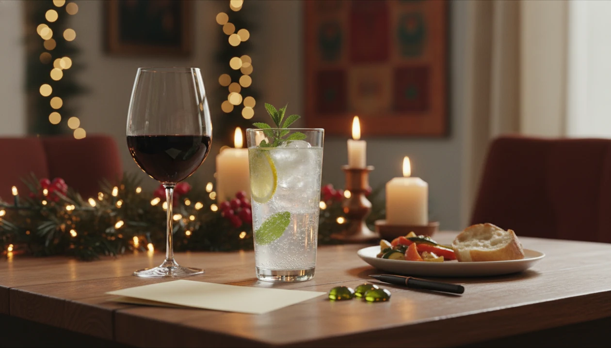 A holiday place setting shows sparkling water, food, and a wine glass set aside as a drinking plan.