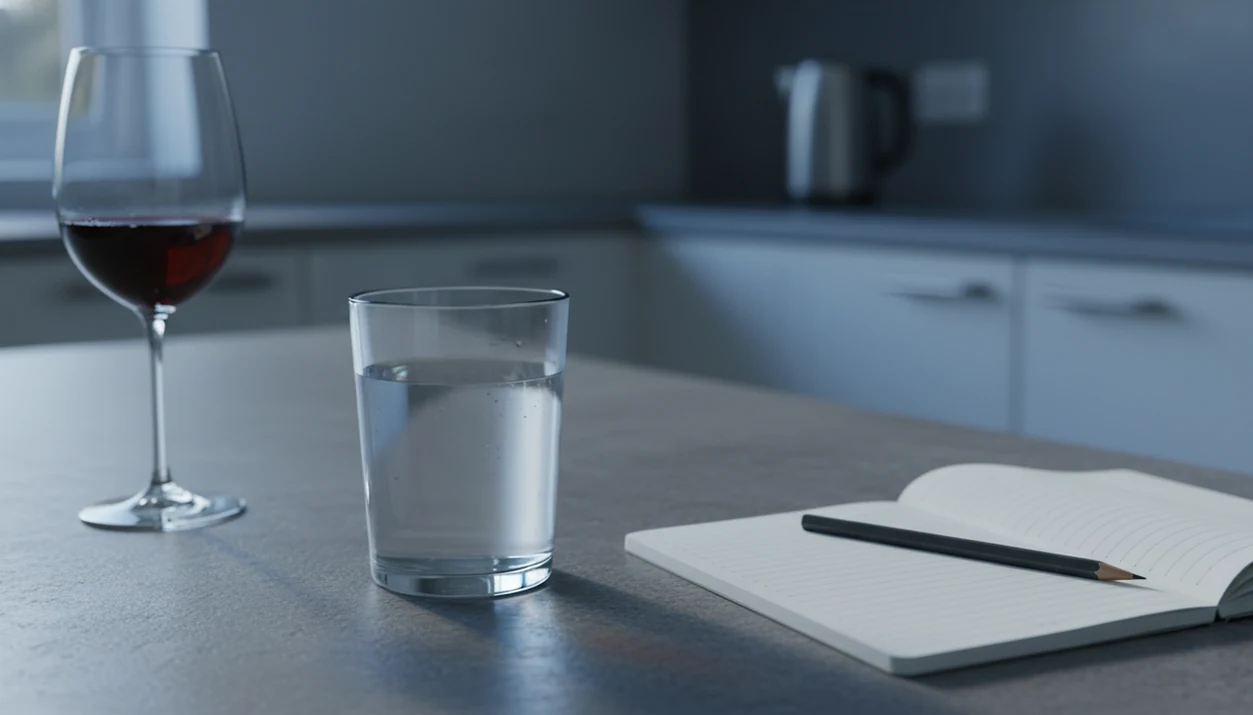 A half-full wine glass, water, and blank notebook sit on a quiet kitchen counter in morning light.