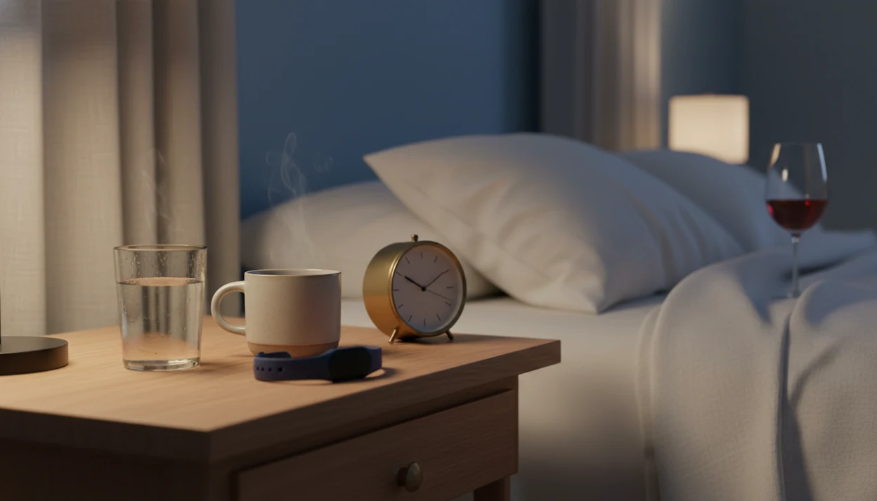 A quiet bedside table shows water and tea near a sleep tracker, with a wine glass pushed into the background.