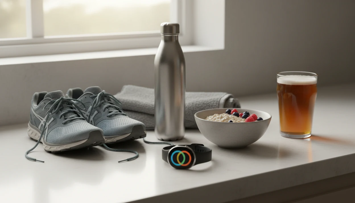 Running gear, recovery food, water, and a beer glass arranged to show alcohol as a fitness recovery variable.