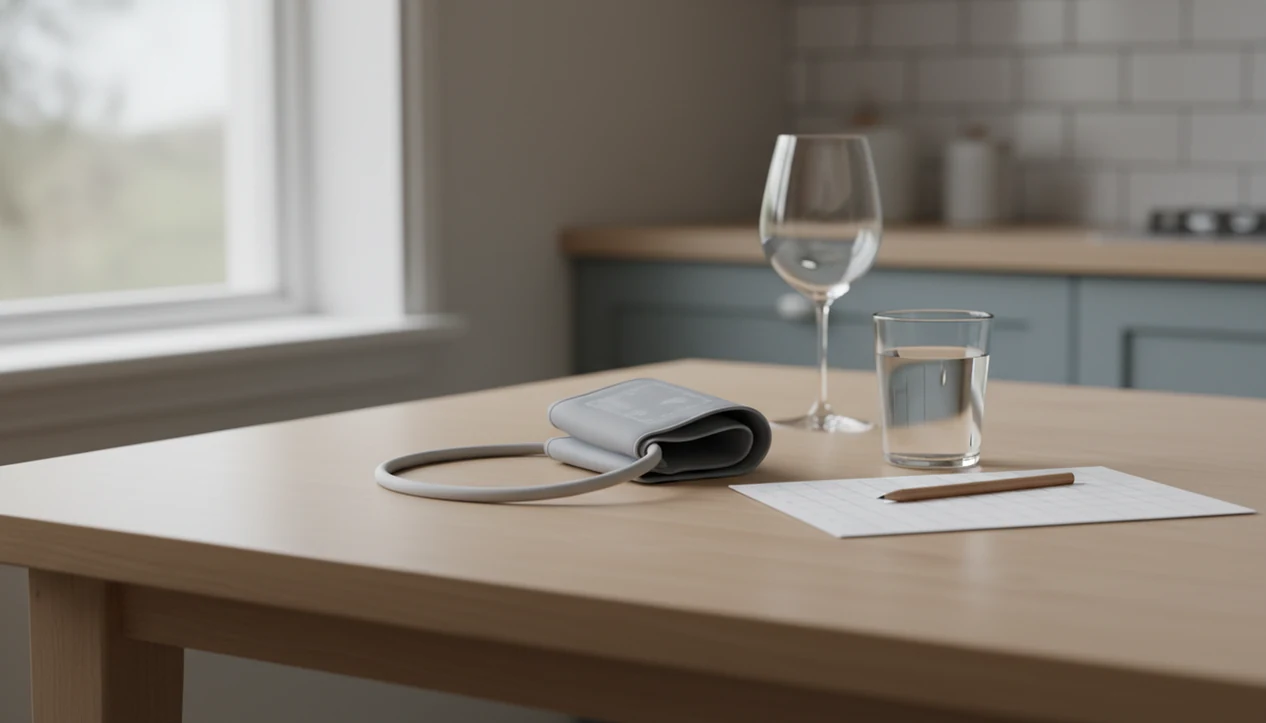 A blood pressure cuff, water glass, and blank tracking sheet sit beside an empty wine glass on a kitchen table.