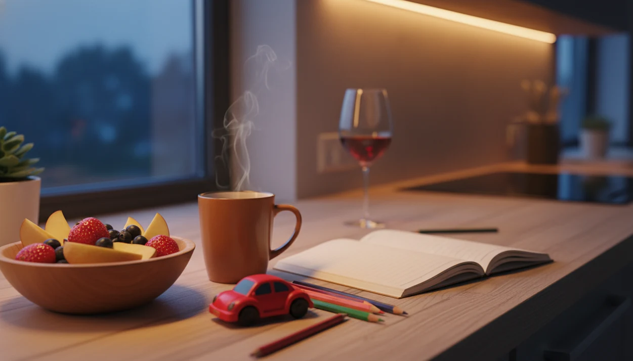 A family kitchen counter shows tea, toys, and a wine glass pushed into the background at dusk.
