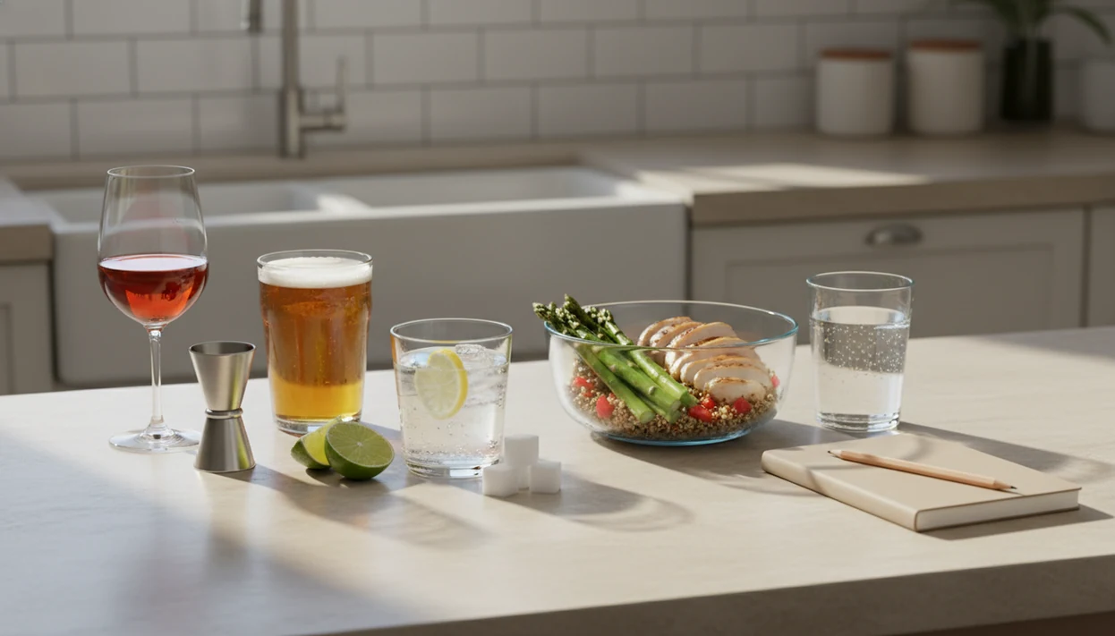 Alcohol glasses sit beside meal prep, water, and tracking tools on a bright kitchen counter.