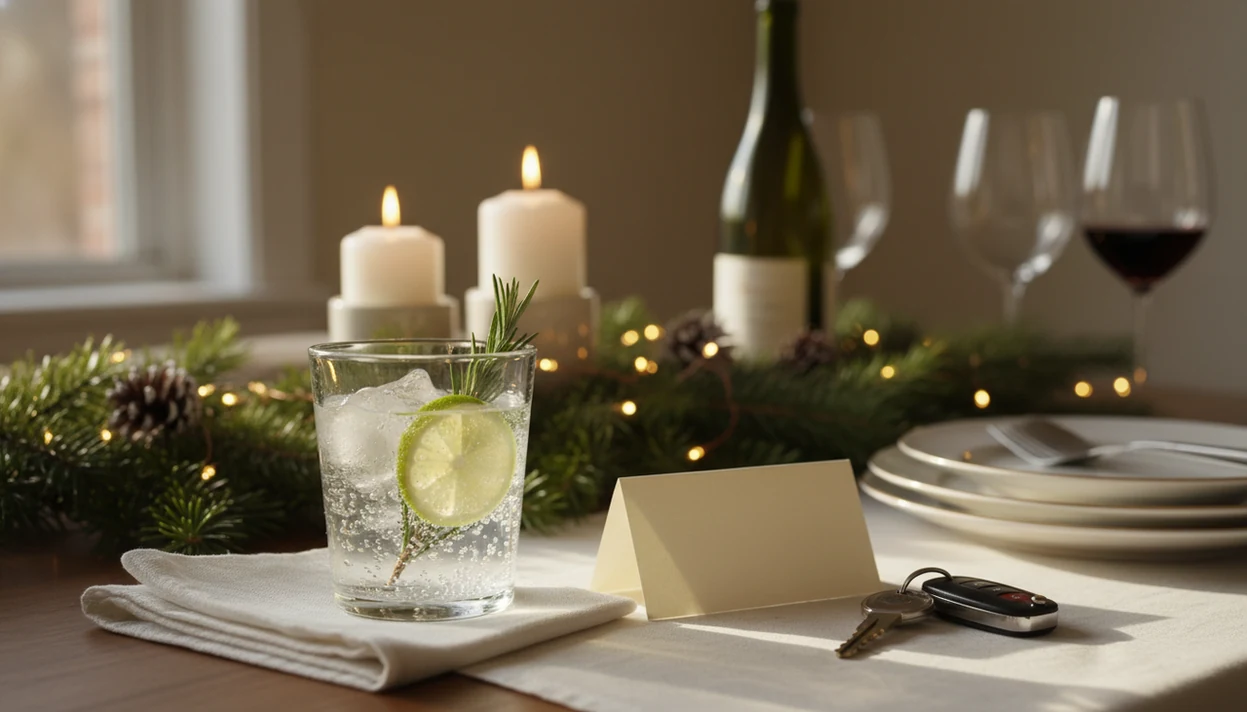 A holiday table with sparkling water in focus and wine glasses blurred in the background.