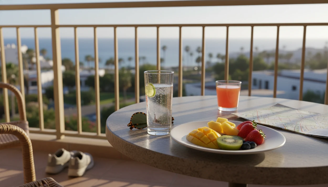 A vacation balcony table with sparkling water, fruit, map, and an untouched cocktail nearby.