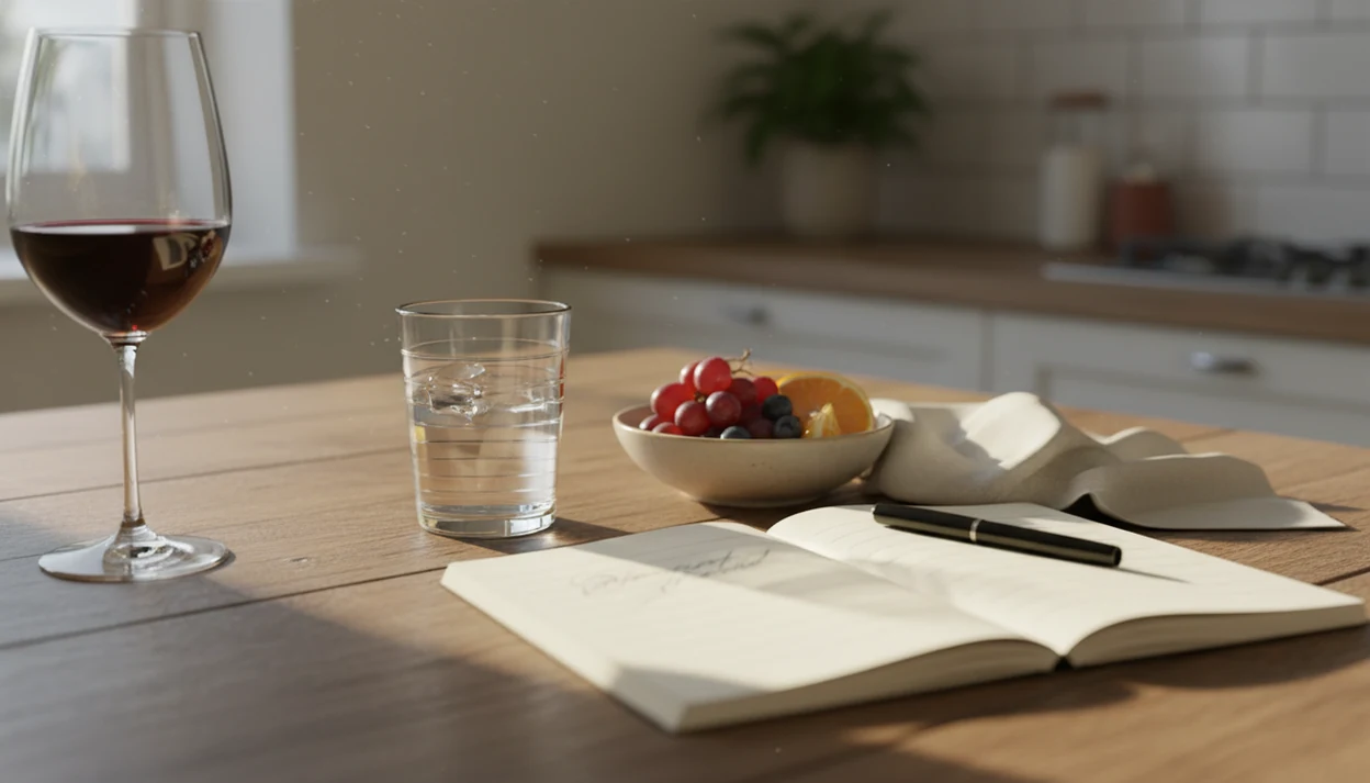 A calm kitchen table shows a wine glass set aside beside water, fruit, and a notebook for resetting limits.
