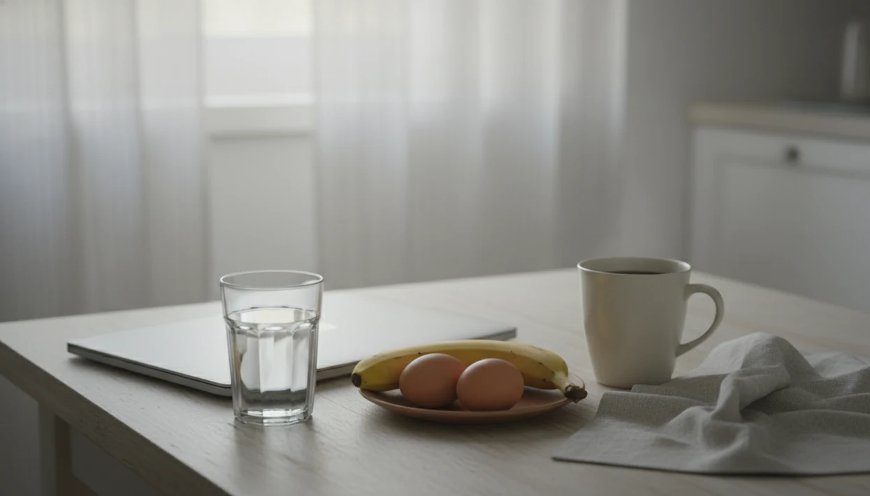 A quiet morning kitchen table with water, coffee, food, and a laptop suggesting next-day brain fog.