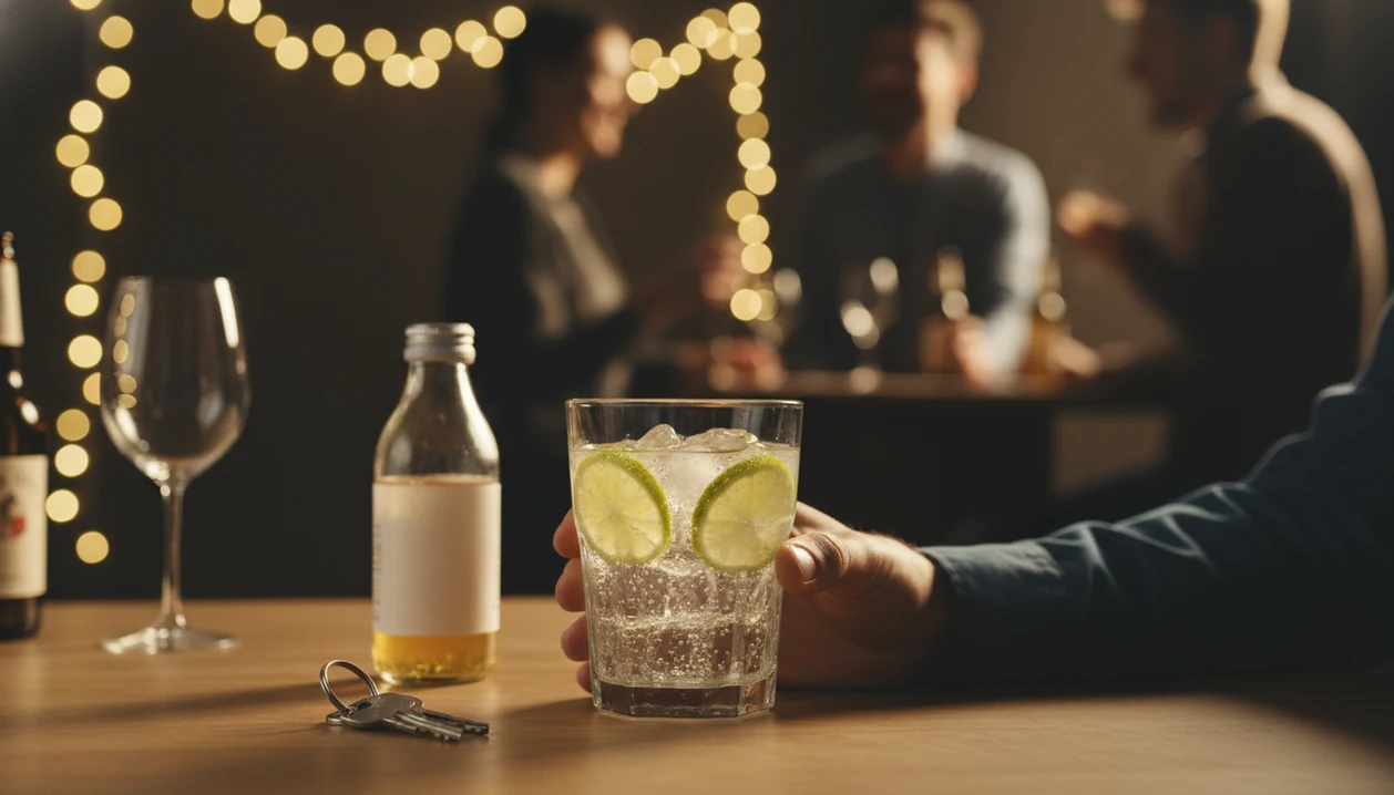 A person holds sparkling water at a party while alcohol and guests blur in the background.