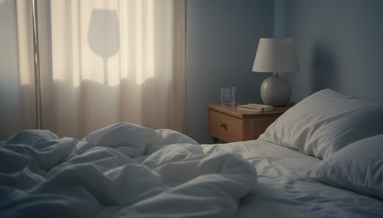 A dawn bedroom scene with water and a notebook beside rumpled sheets after an unsettling dream.