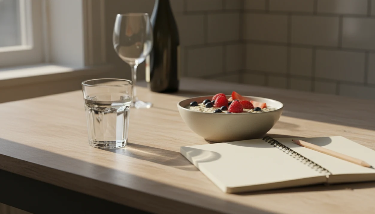 Morning table with water, breakfast, and a notebook while wine is pushed into the background.