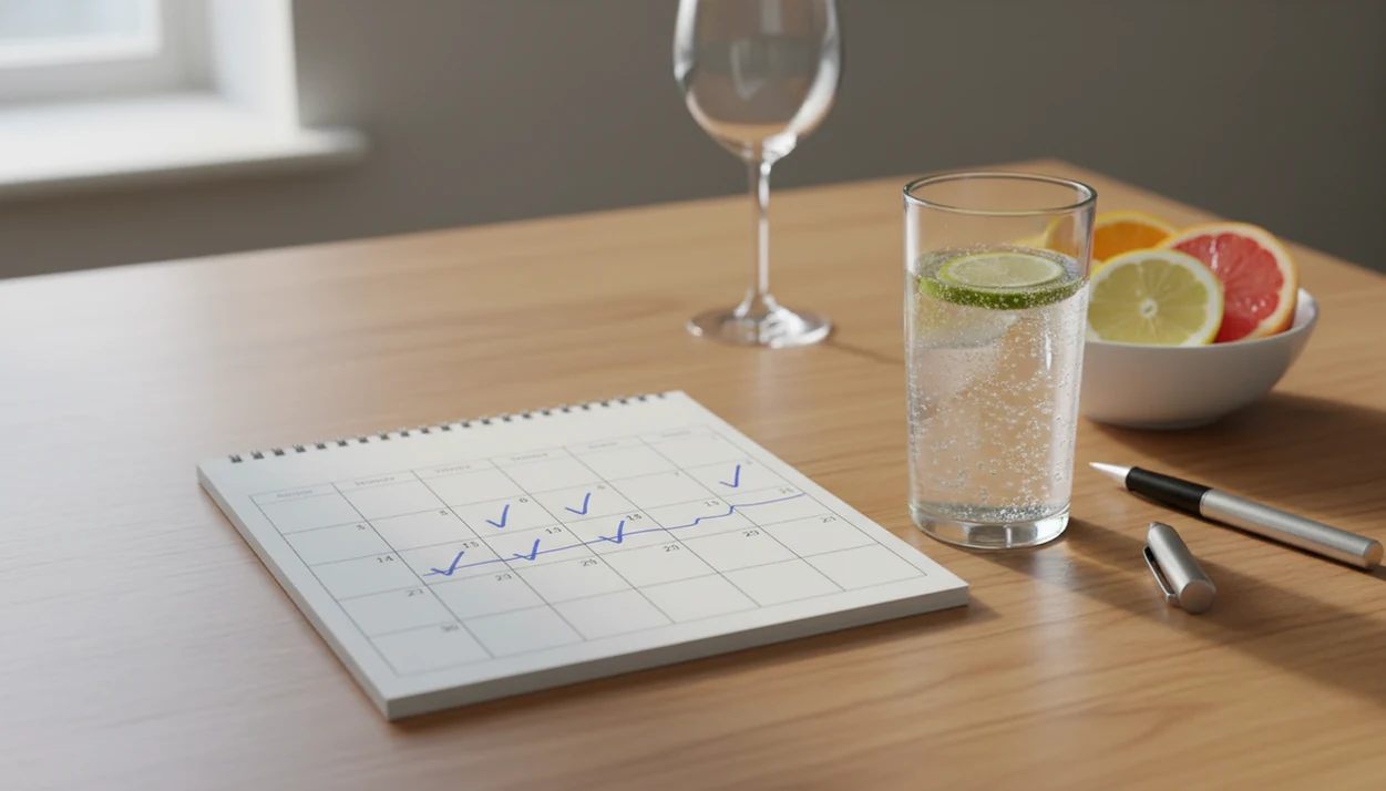 A blank calendar with checkmarks sits beside sparkling water and an empty wine glass on a table.