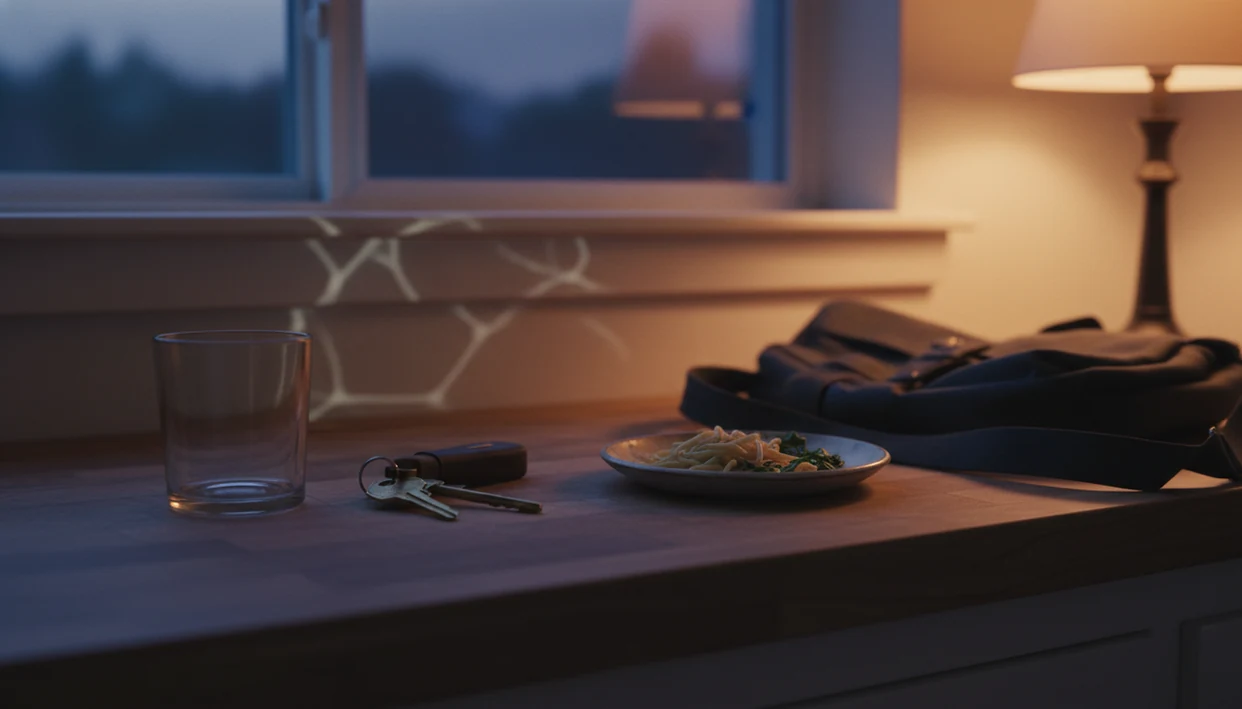 An evening kitchen counter shows an empty glass, keys, food, and soft neural-like reflections at dusk.