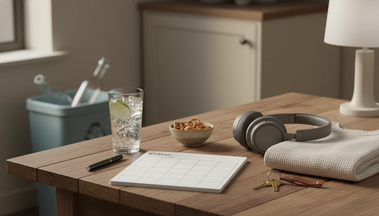 A calm kitchen table set with a planner, sparkling water, snacks, and keys for a sober weekend.