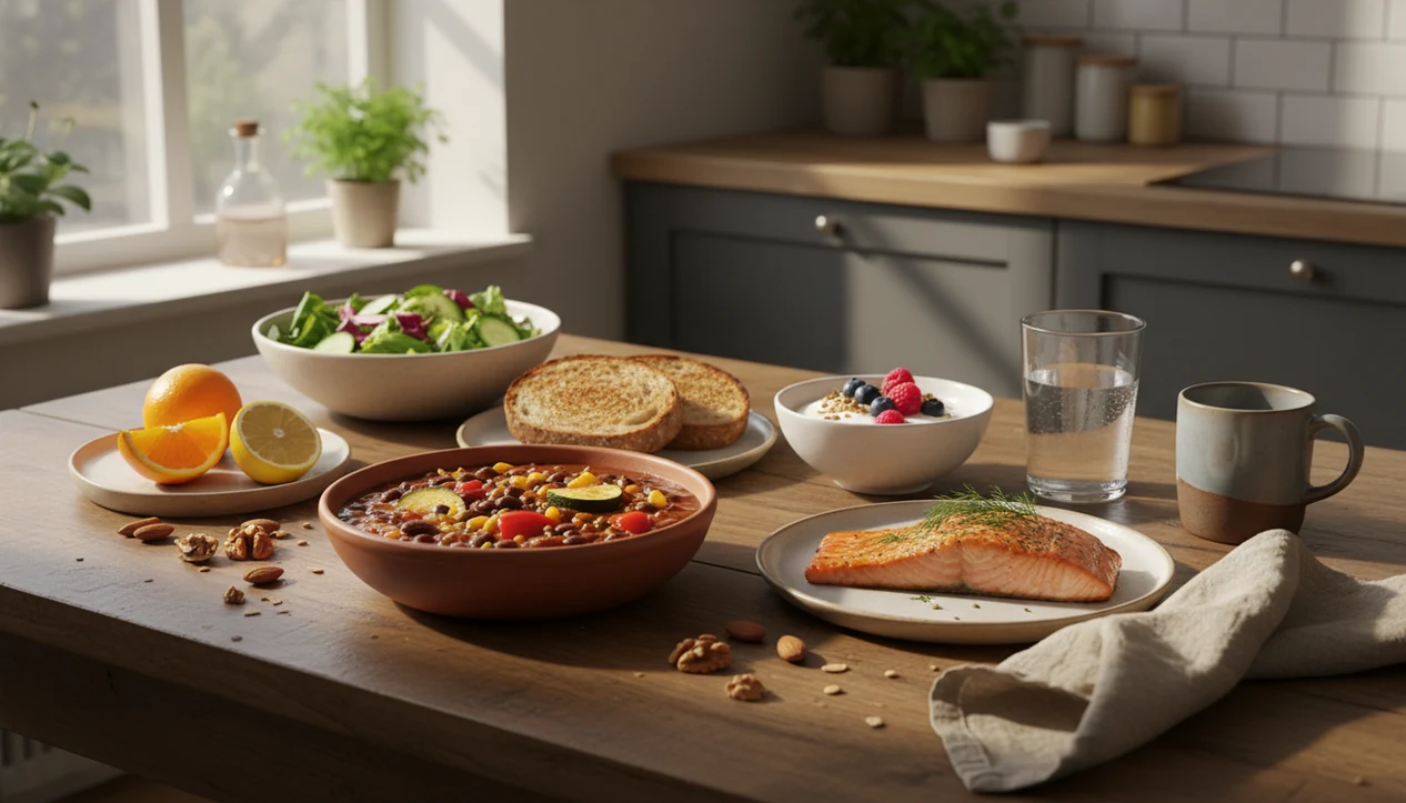 A balanced spread of protein, whole grains, produce, healthy fats, yogurt, and water on a kitchen table.