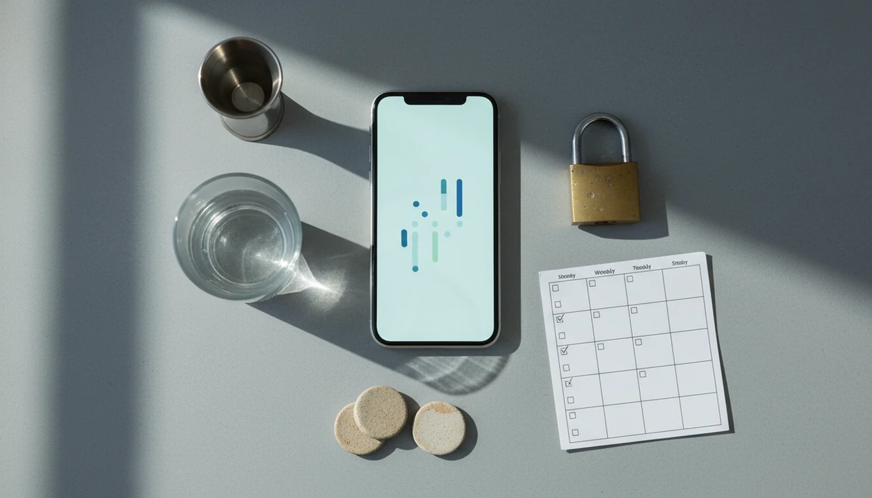A phone, planner, padlock, water glass, and jigger arranged for private drink tracking.
