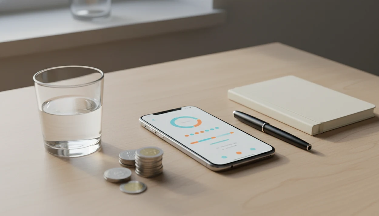 A smartphone beside water, coins, and a notebook suggests private alcohol tracking and progress.