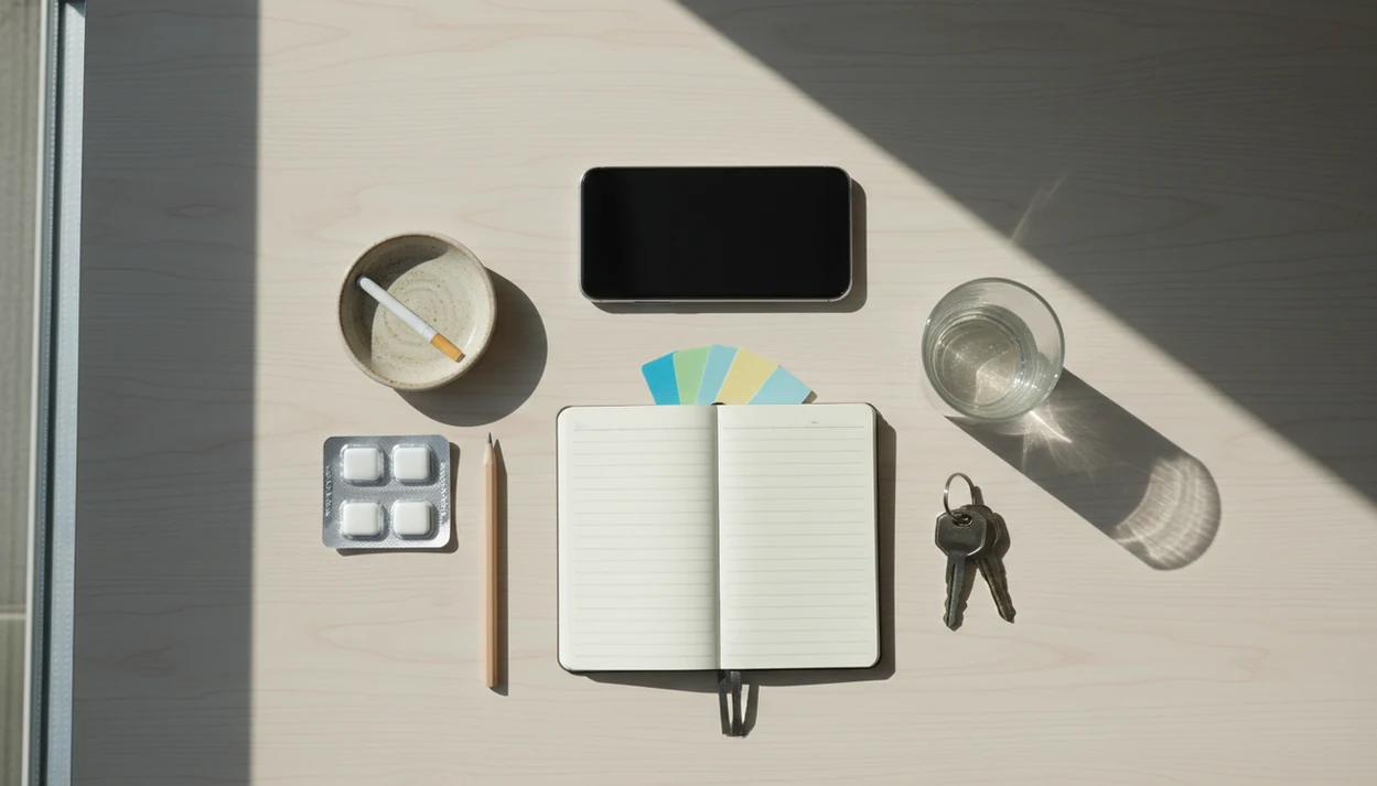 A phone and quit-smoking support items are arranged on a calm desk for tracking cravings and triggers.