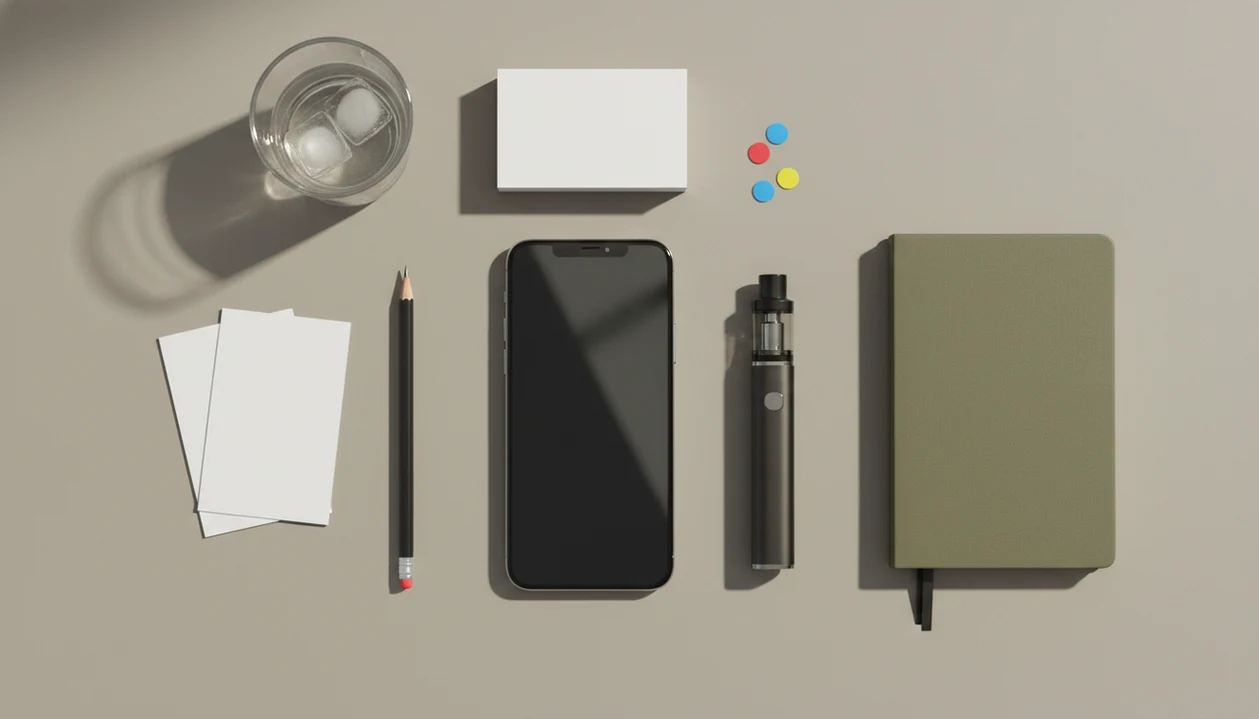 A blank smartphone beside a vape device, notebook, tracking dots, pencil, and water on a calm desk.