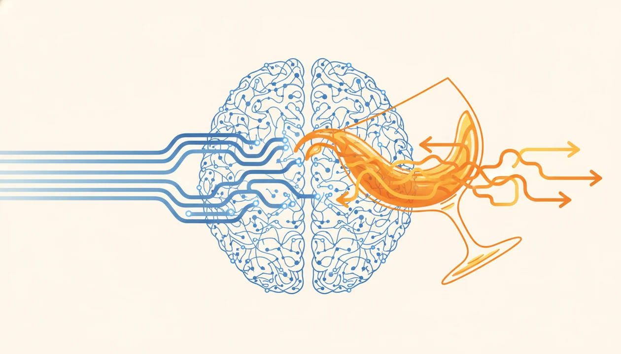Abstract brain pathways show alcohol disrupting calm signaling and looping into cravings.