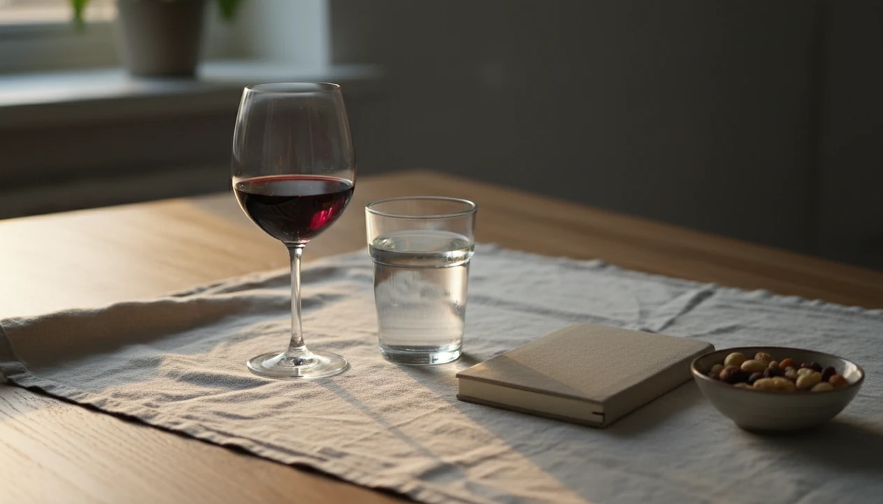 A half-full wine glass sits between warm light and cool shadow beside water and a blank notebook.