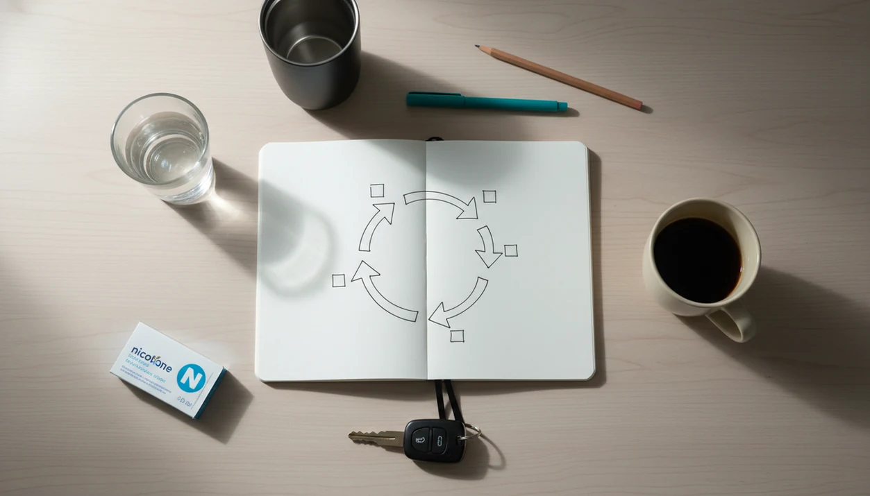 A notebook shows a blank circular tracking loop beside everyday craving cues like coffee, keys, and water.