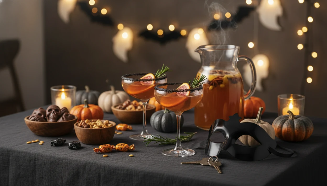 A Halloween party table with mocktails, cider, candy, pumpkins, costume props, and car keys.