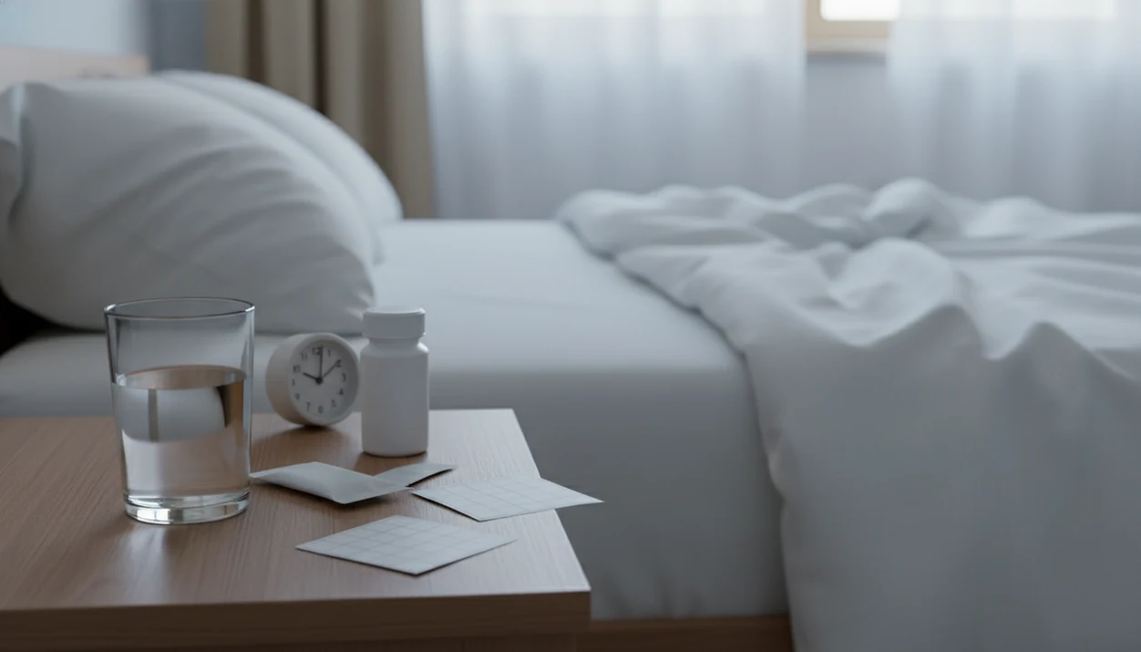 A bedside table with water, recovery items, and blank calendar pages in soft morning light.