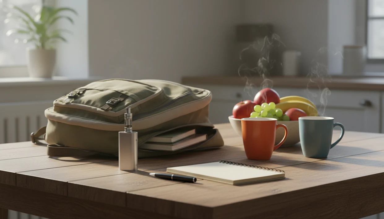 A school backpack, vape device, mugs, and blank notepad sit on a kitchen table for a calm quit plan.