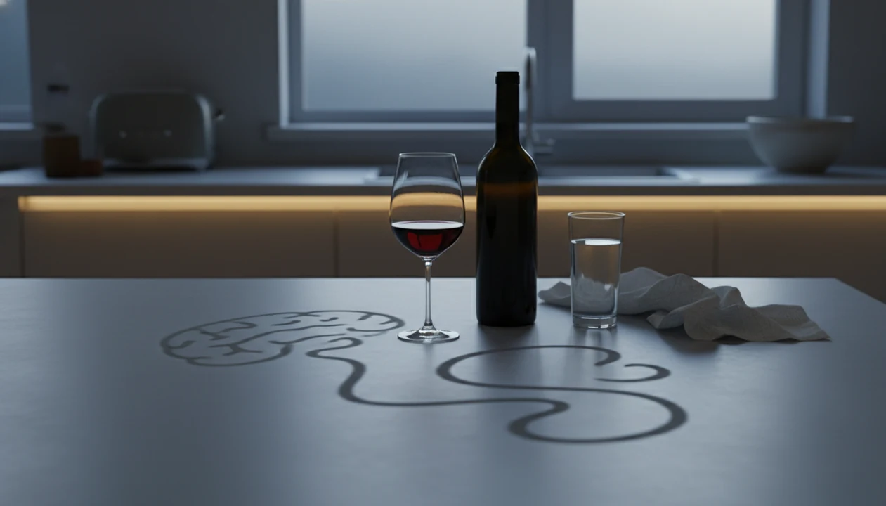 A half-filled wine glass casts subtle brain and heart shaped shadows on a quiet kitchen counter.